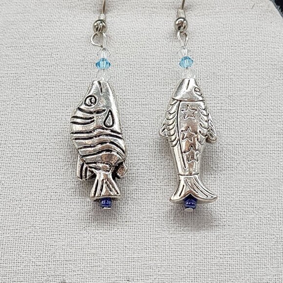 Silver Fish Dangle Earrings With Blue Crystal Accents Handmade Jewelry - Picture 3 of 4